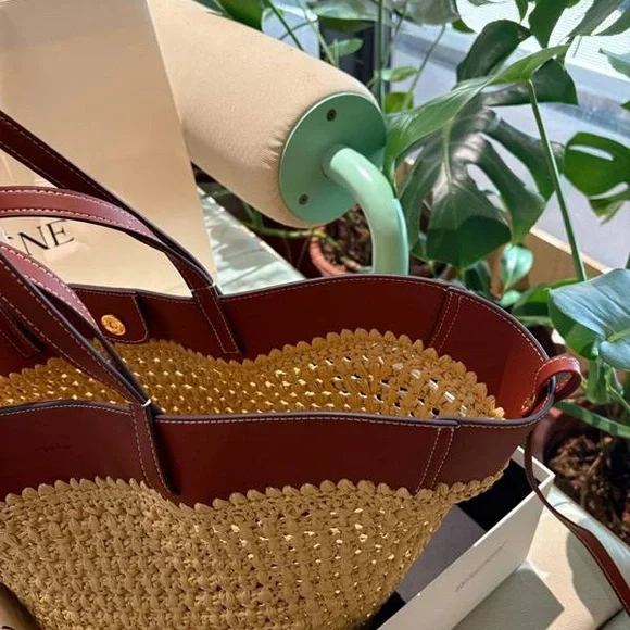 Polene Paris Crochet Straw Tote Bag Browm Leather Trim - Picture 6 of 10